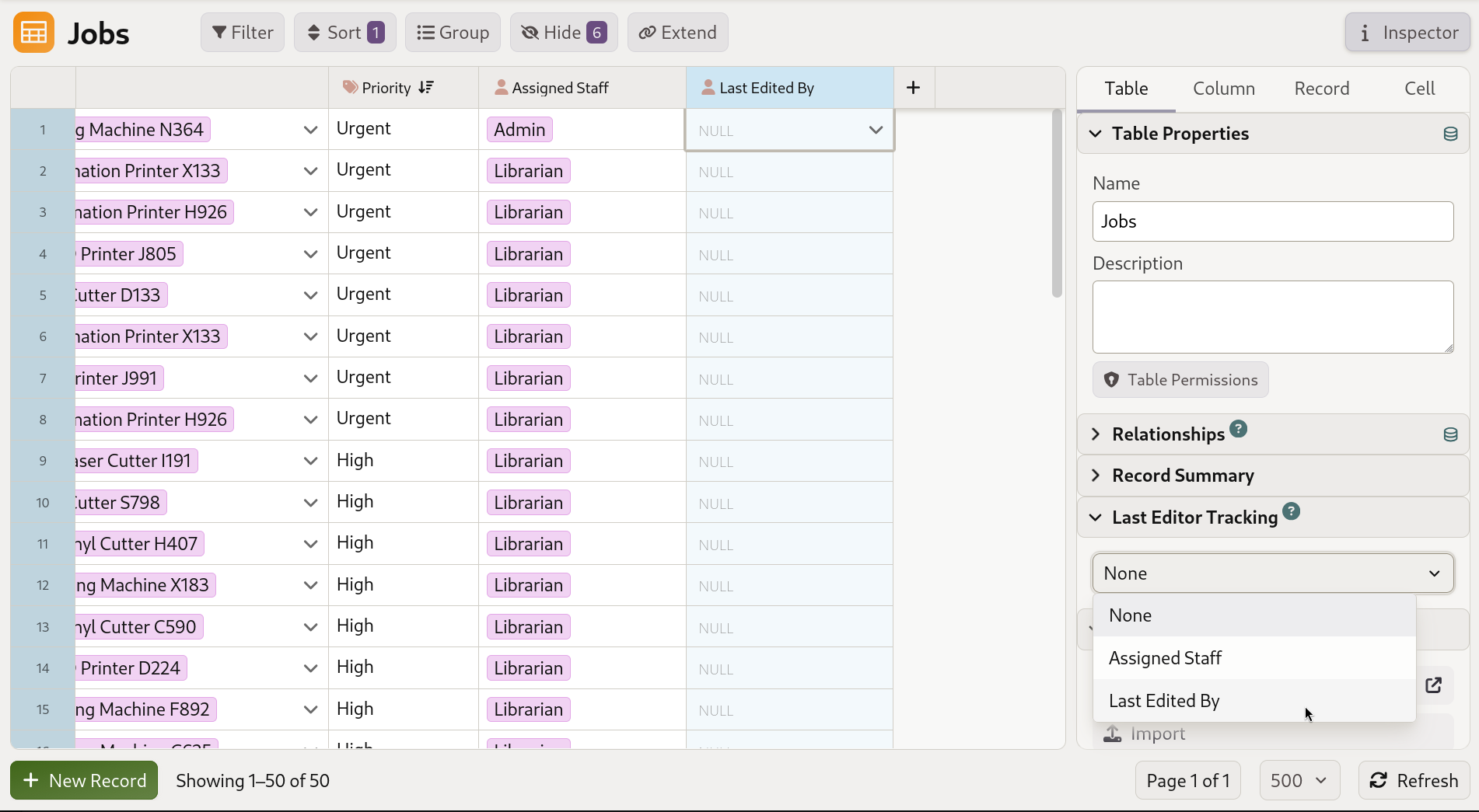 Mathesar UI screenshot of the Last Editor Tracking section in the table inspector