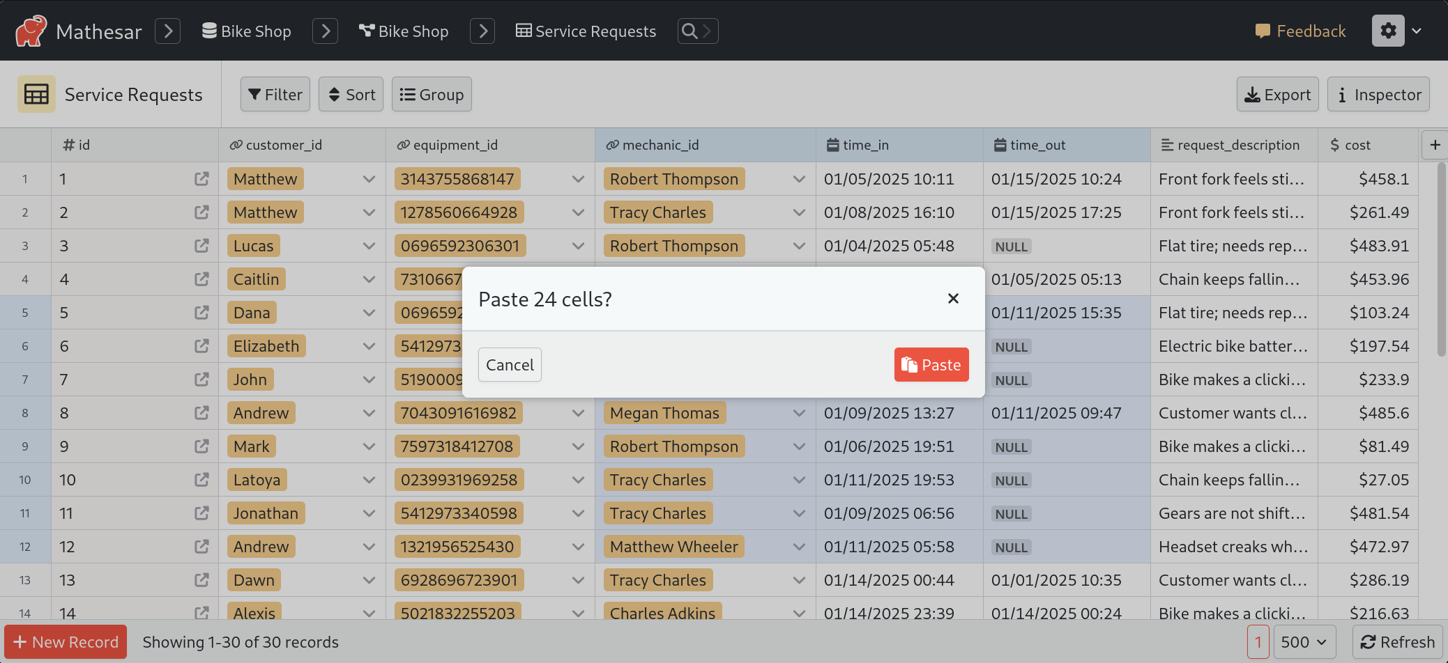 A screenshot of Mathesar's "paste confirmation" dialog