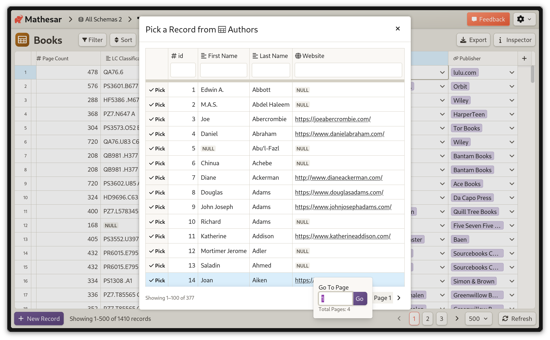 A screenshot of Mathesar's record selector with new pagination controls
