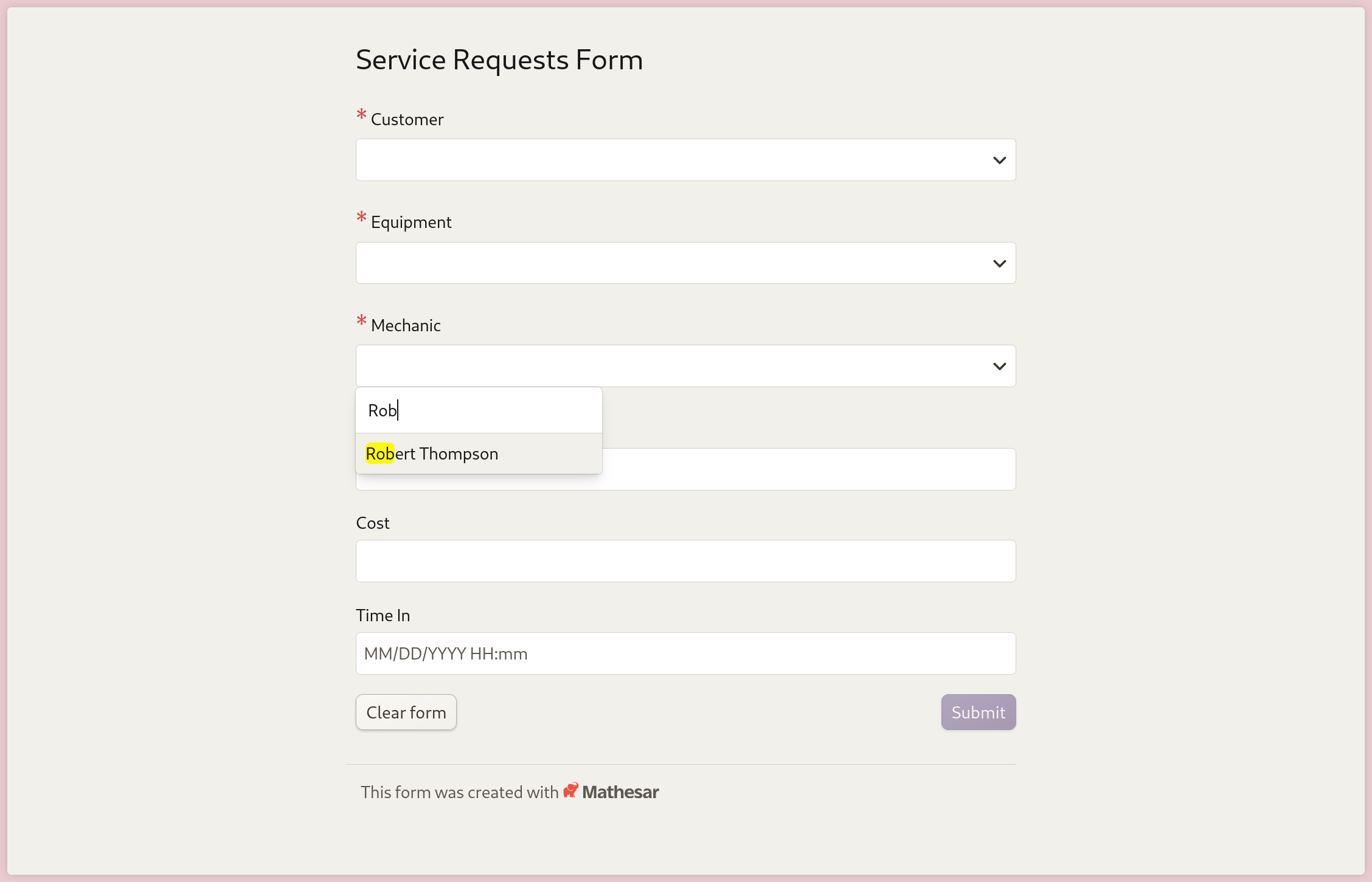 Screenshot of a new form in Mathesar.