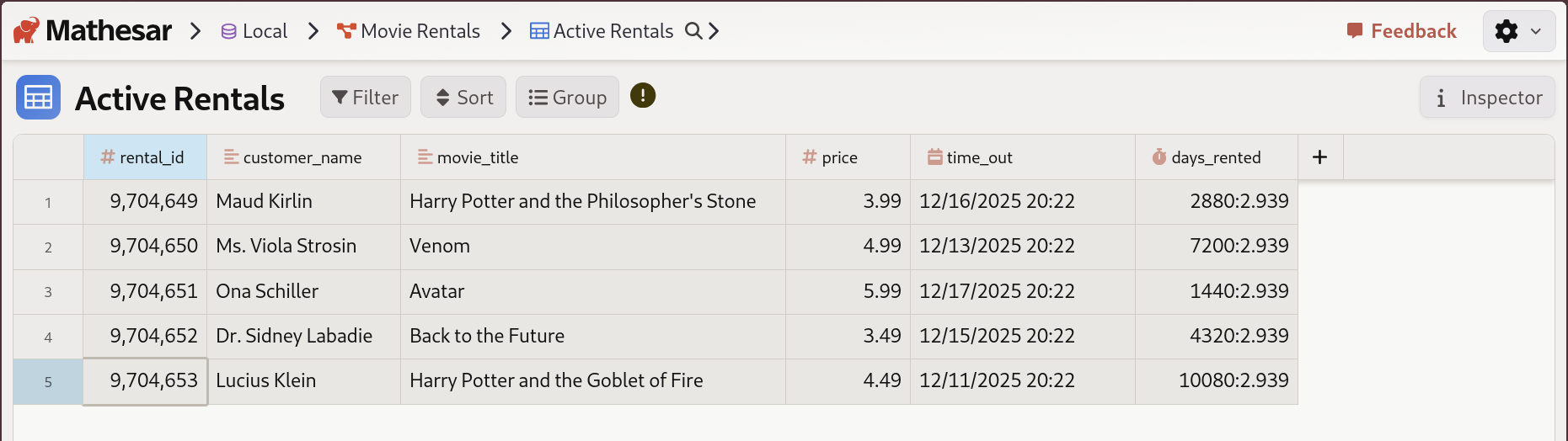 Viewing data from a database view in Mathesar
