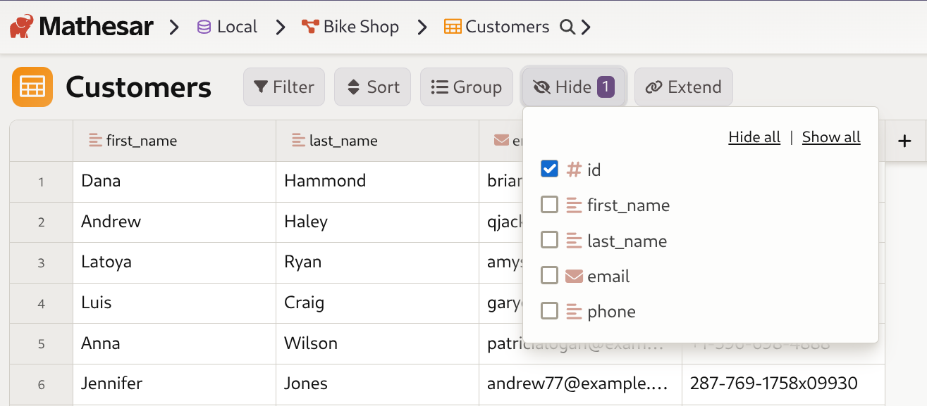 Mathesar UI screenshot of hiding the "ID" column