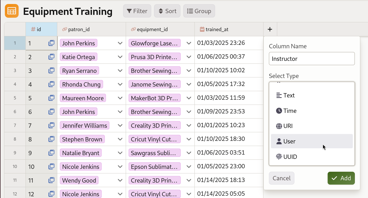 Adding an "Instructor" user column to an "Equipment Training" table