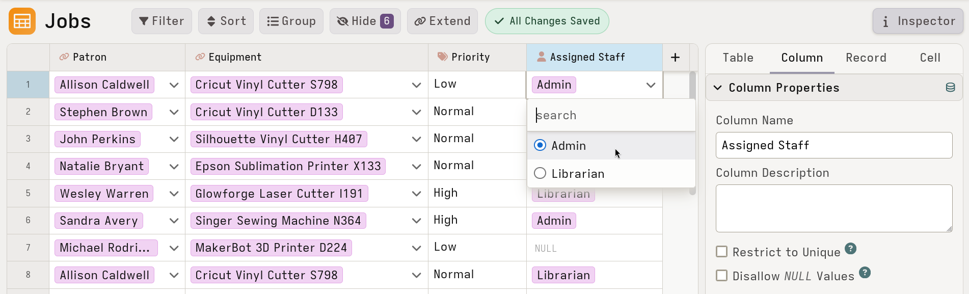 Mathesar UI screenshot of picking a Mathesar user from a User-typed cell dropdown