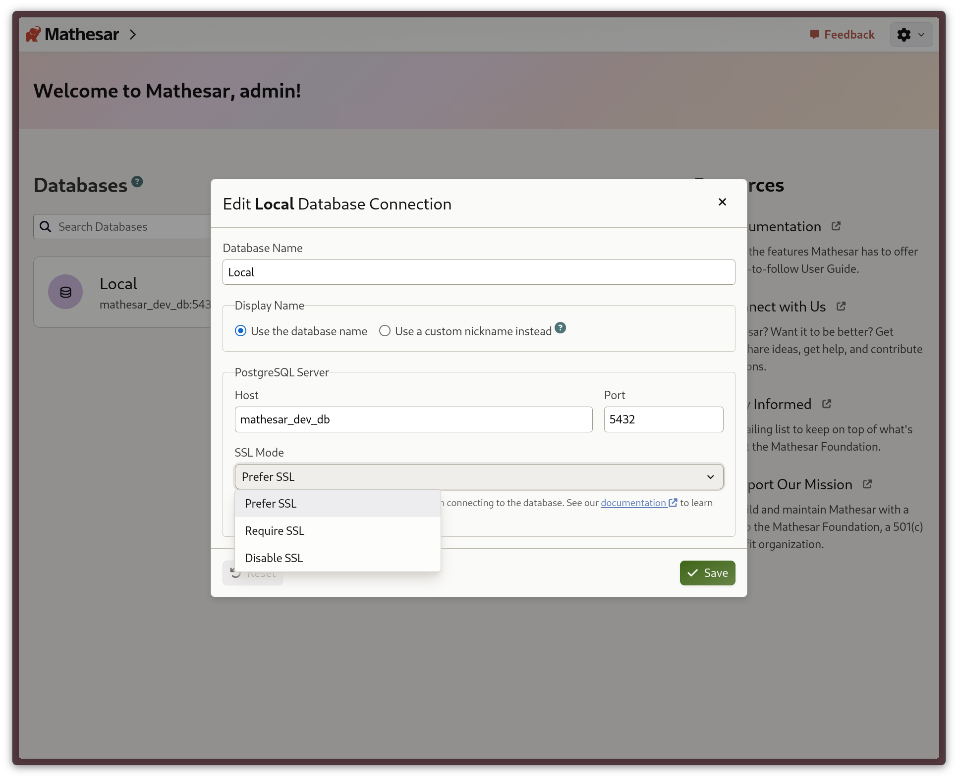 SSL mode configuration in database settings