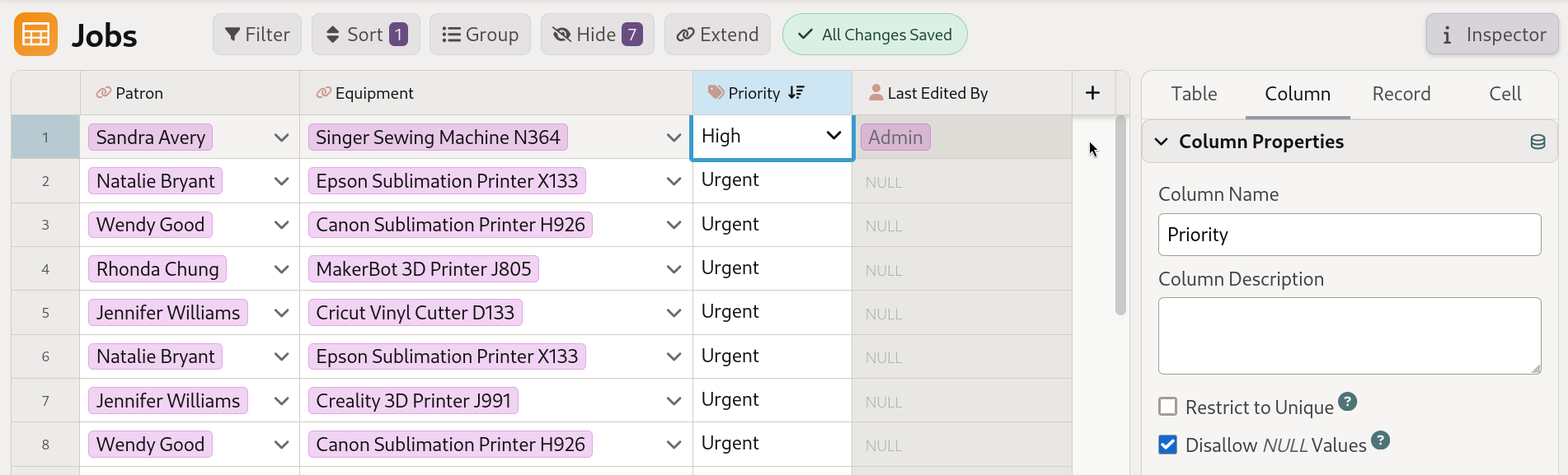 Mathesar UI screenshot of a Jobs table with a Last Edited By column populated after a record edit