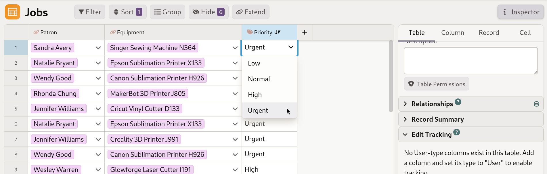 Mathesar UI screenshot of editing a PostgreSQL ENUM-typed cell with a dropdown of valid values