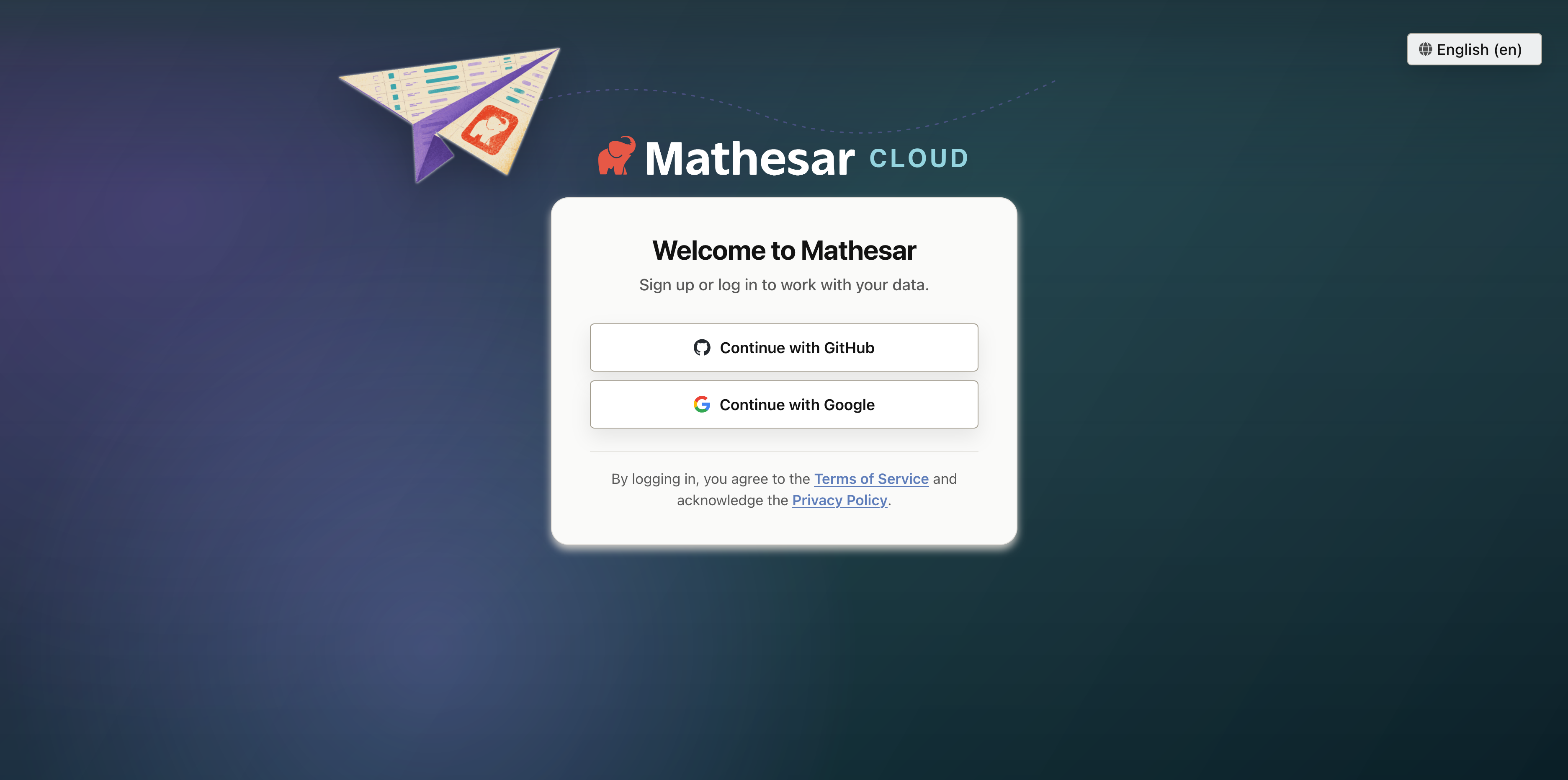 Mathesar Cloud login page with custom branding, SSO buttons, and legal links