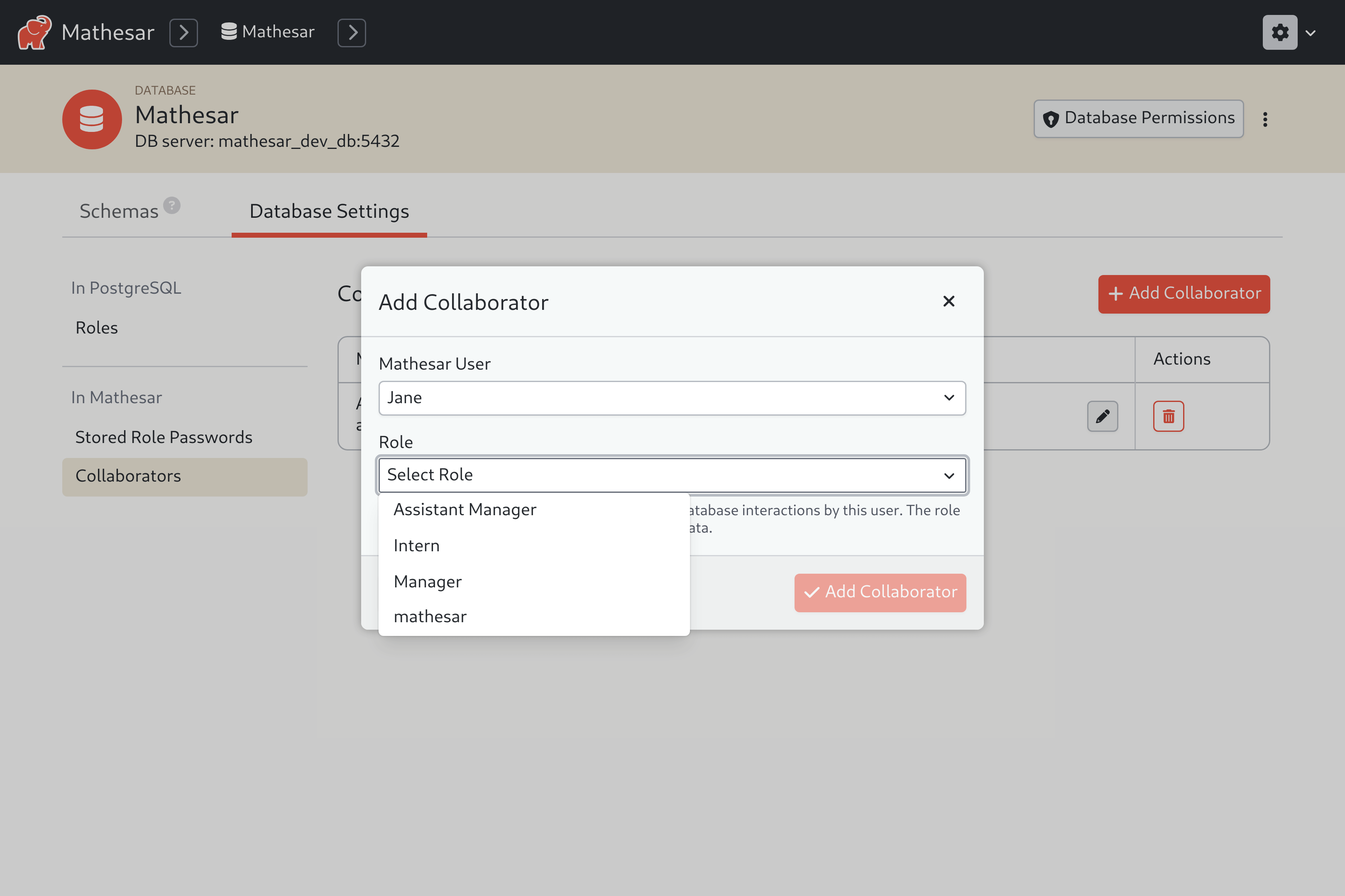 A screenshot of Mathesar's UI showing the "Add Collaborator" modal for a database.