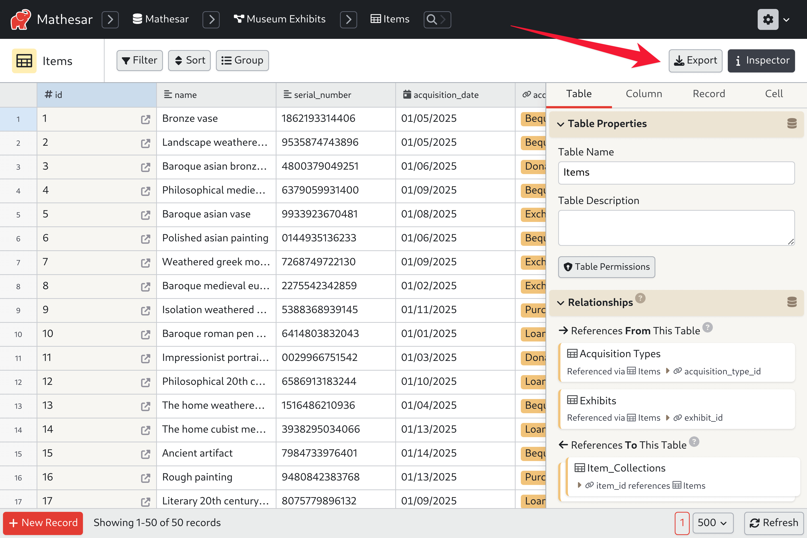 A screenshot of Mathesar's UI showing the "Export" button on a table page.