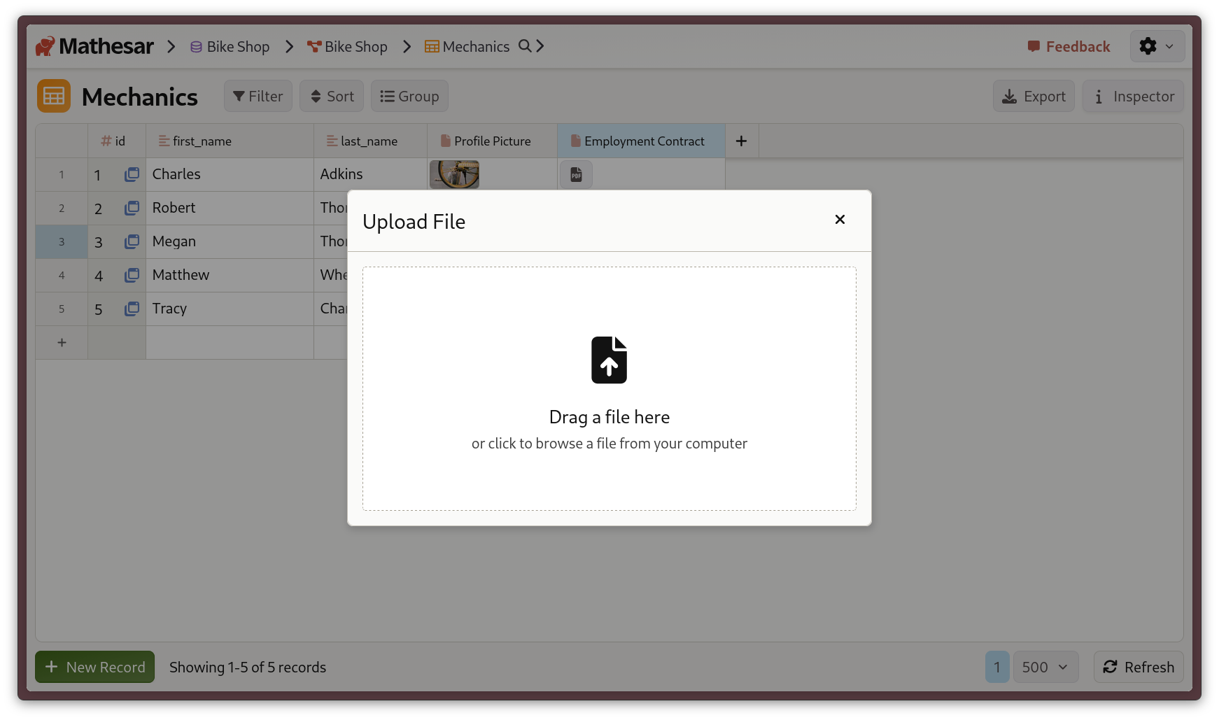 Mathesar's file upload dialog