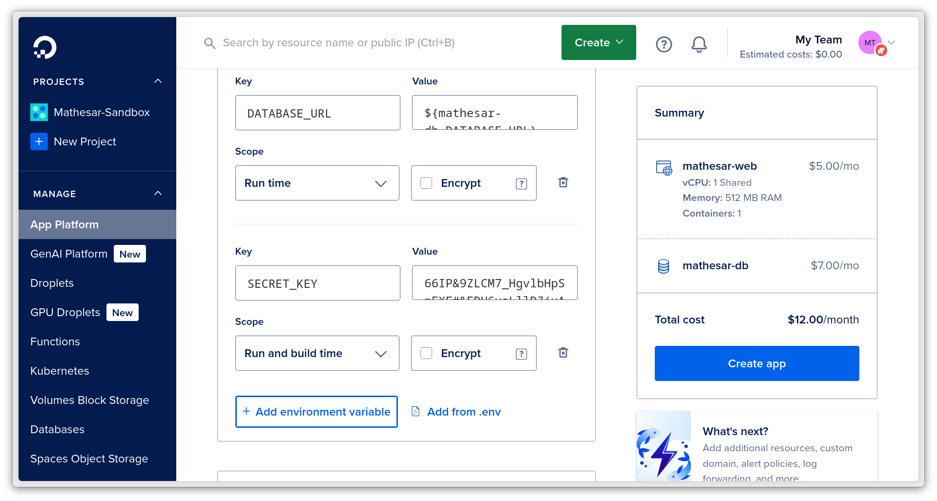 A screenshot of DigitalOcean's UI to configure environment variables