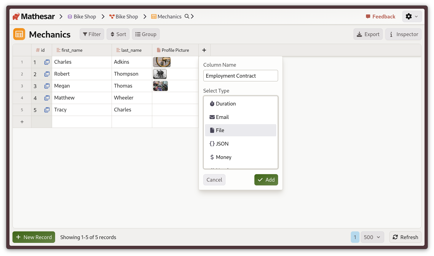 Adding a "Employment Contract" file column to a "Mechanics" table