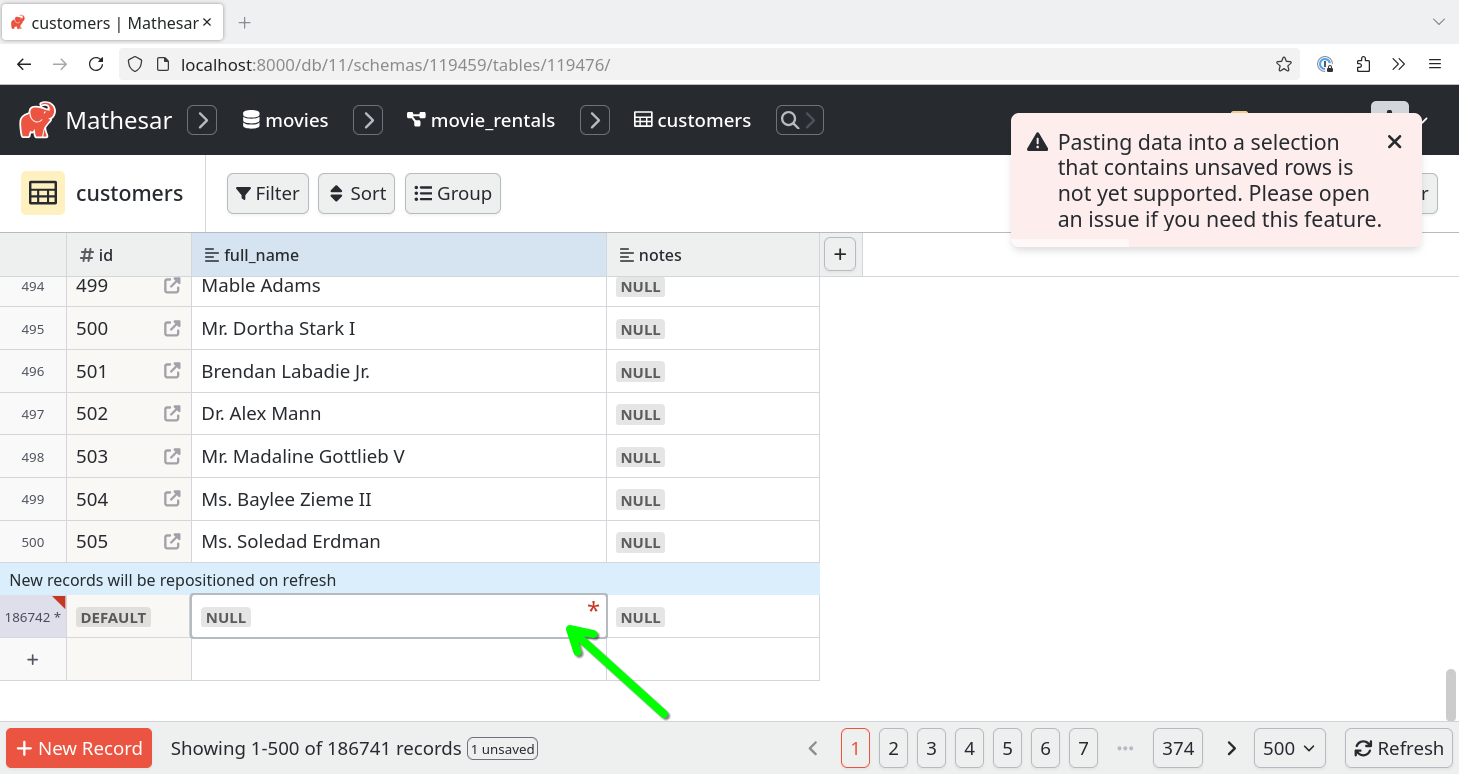 A screenshot of Mathesar's showing an error when pasting into an unsaved row