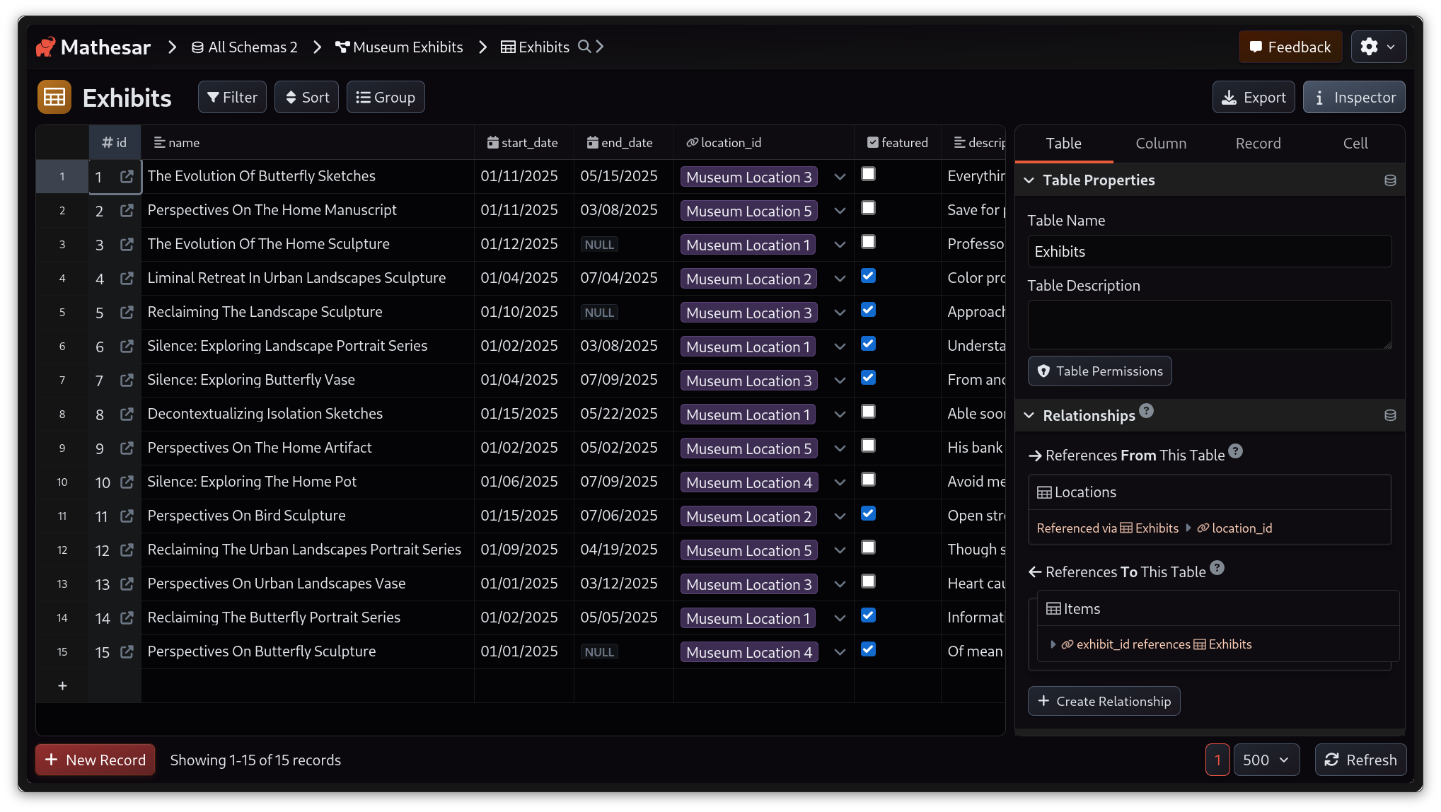 Dark mode screenshot of Mathesar's table view.