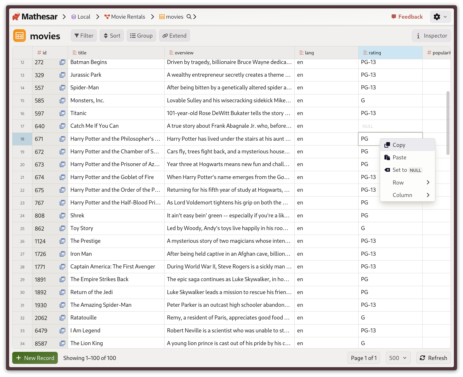 Copy and paste options in the cell context menu