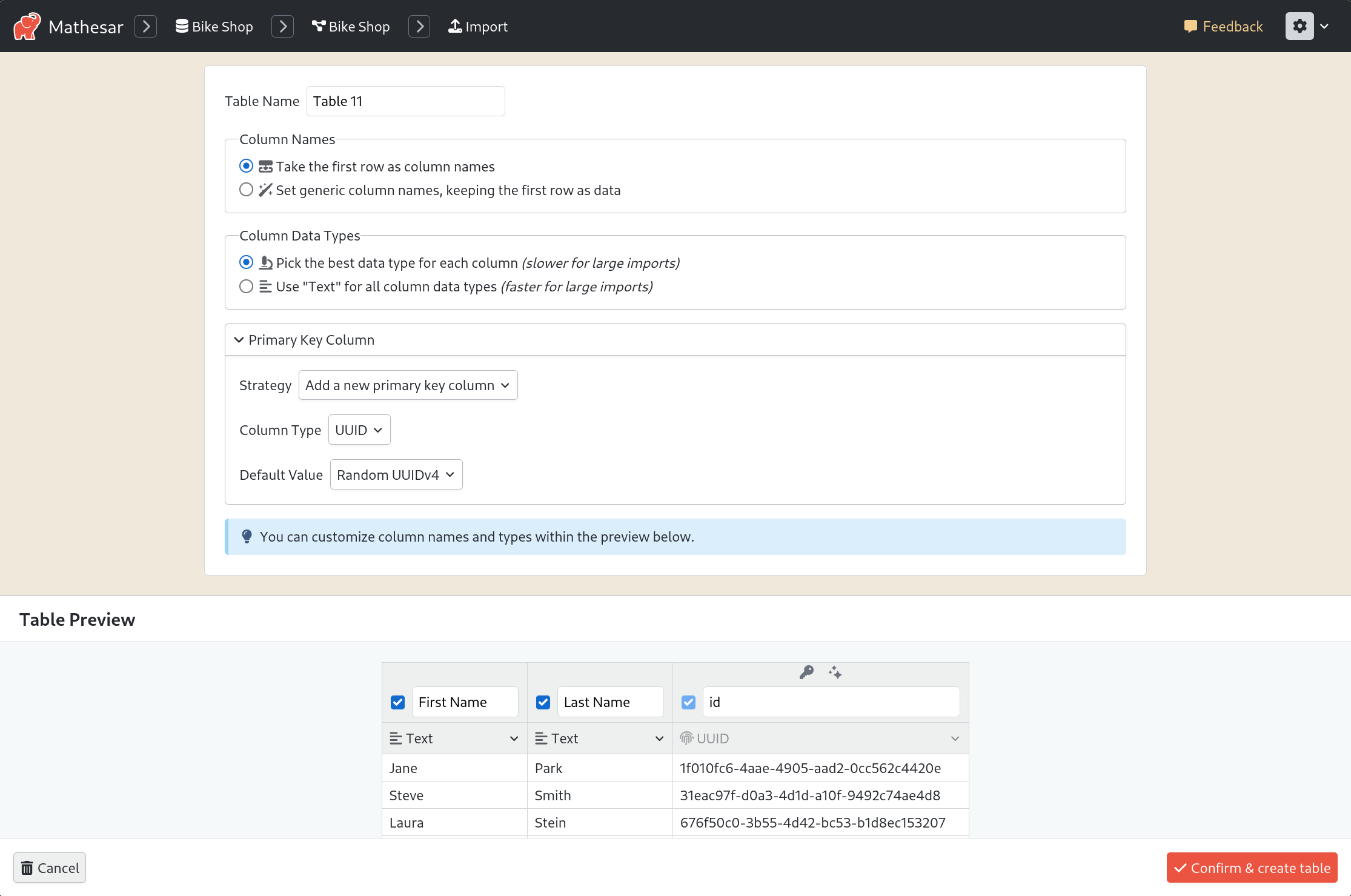 A screenshot of Mathesar's import UI showing the new settings for using a generated UUID primary key column