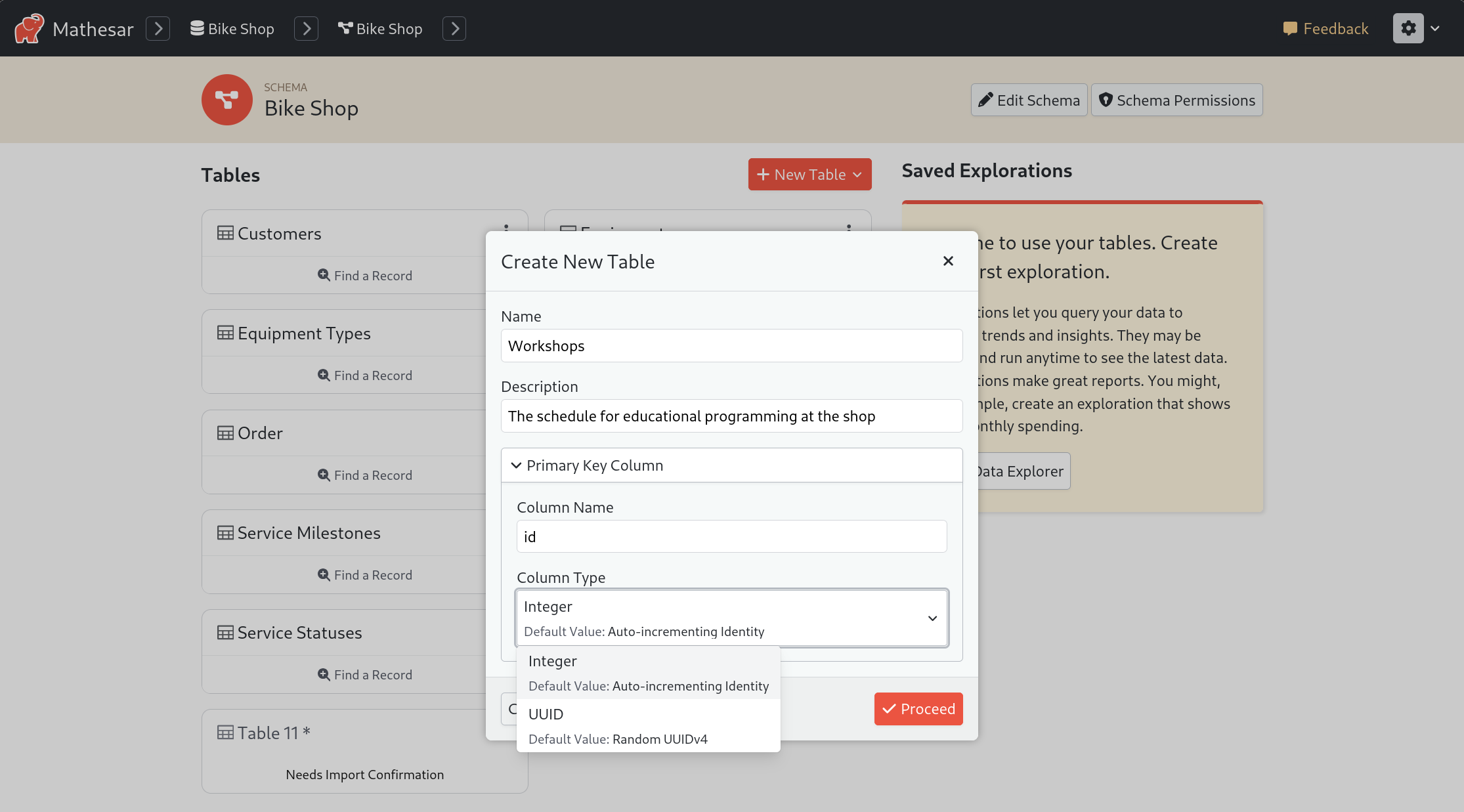 A screenshot of Mathesar's import UI showing the new settings for using a generated UUID primary key column