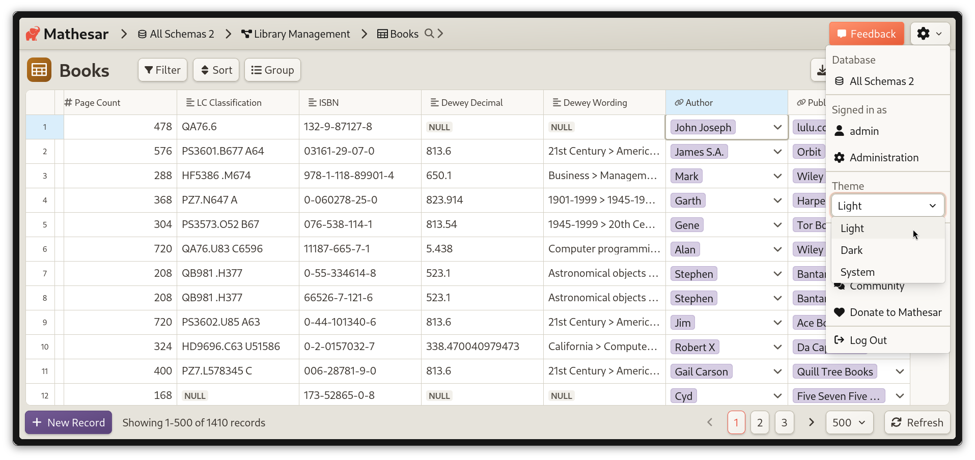 A screenshot of Mathesar's theme toggle