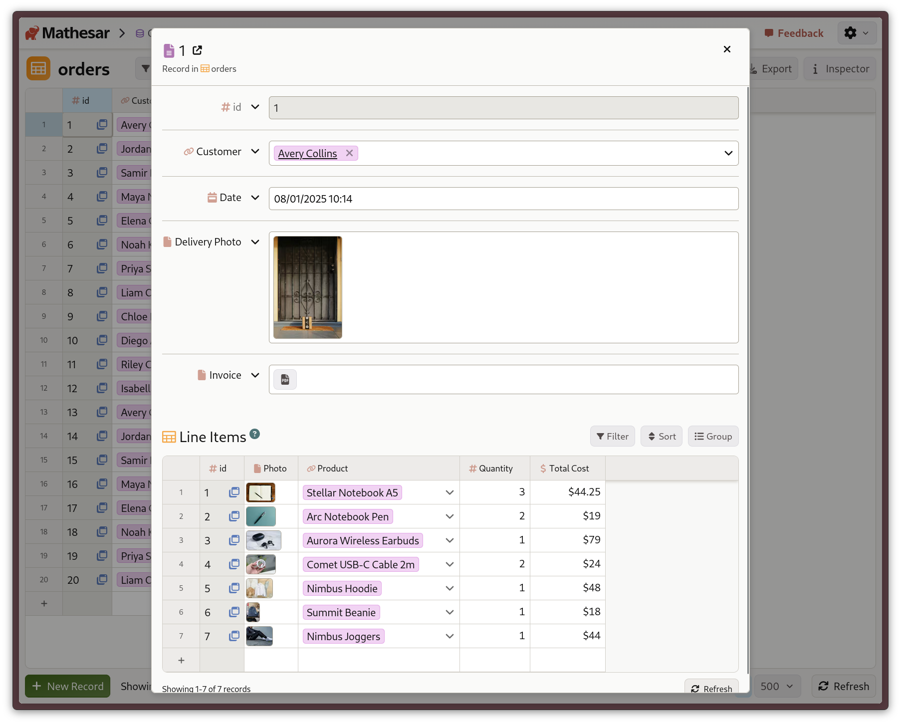A screenshot of Mathesar's table page with a single result modal open.