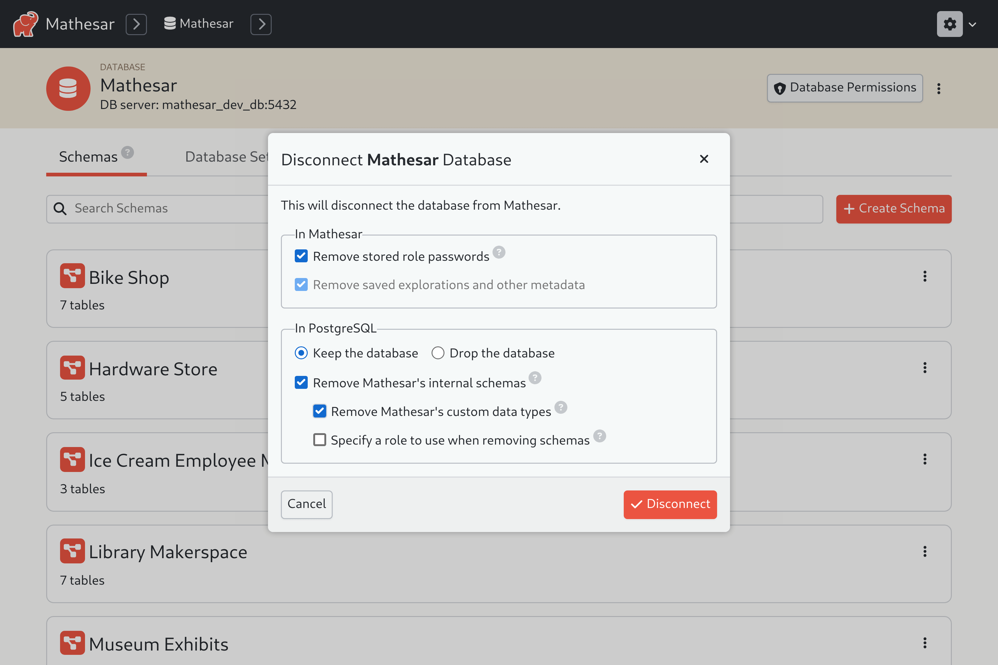 A screenshot of Mathesar's UI showing the "Disconnect Database" modal, with all options selected except "Specify a role".