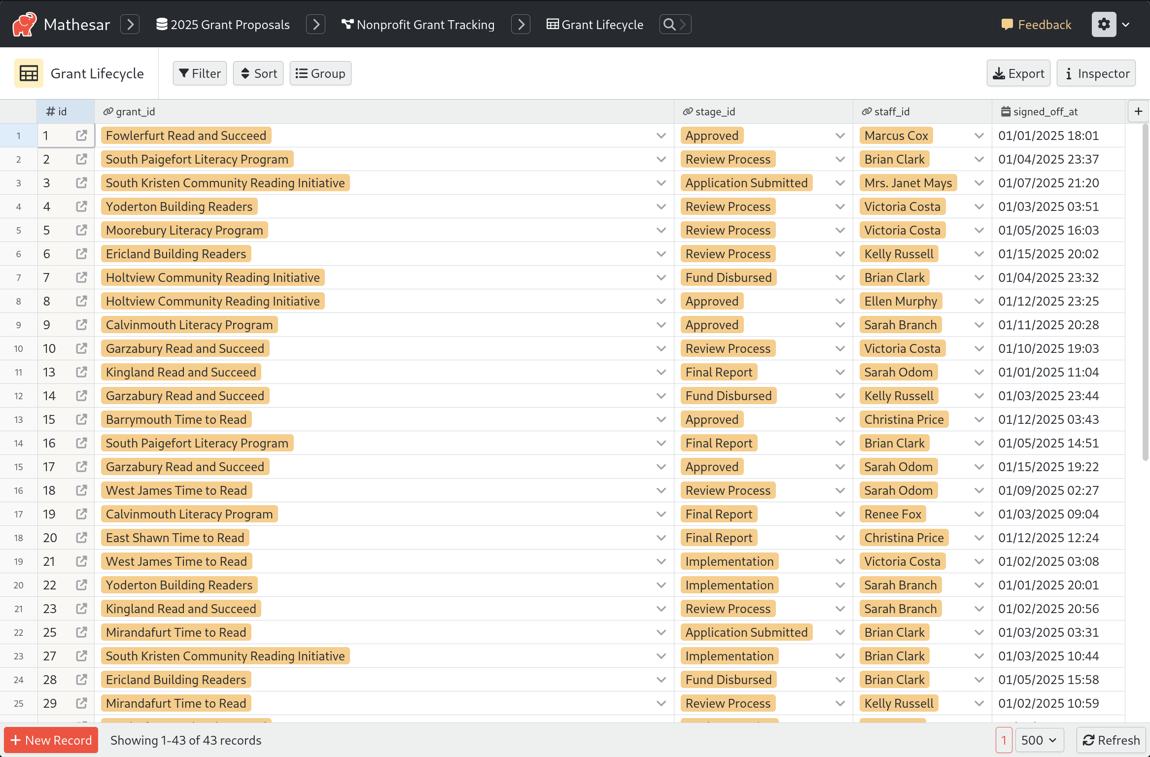 A screenshot of a table of grant allocations with customized column widths tailored to the data.