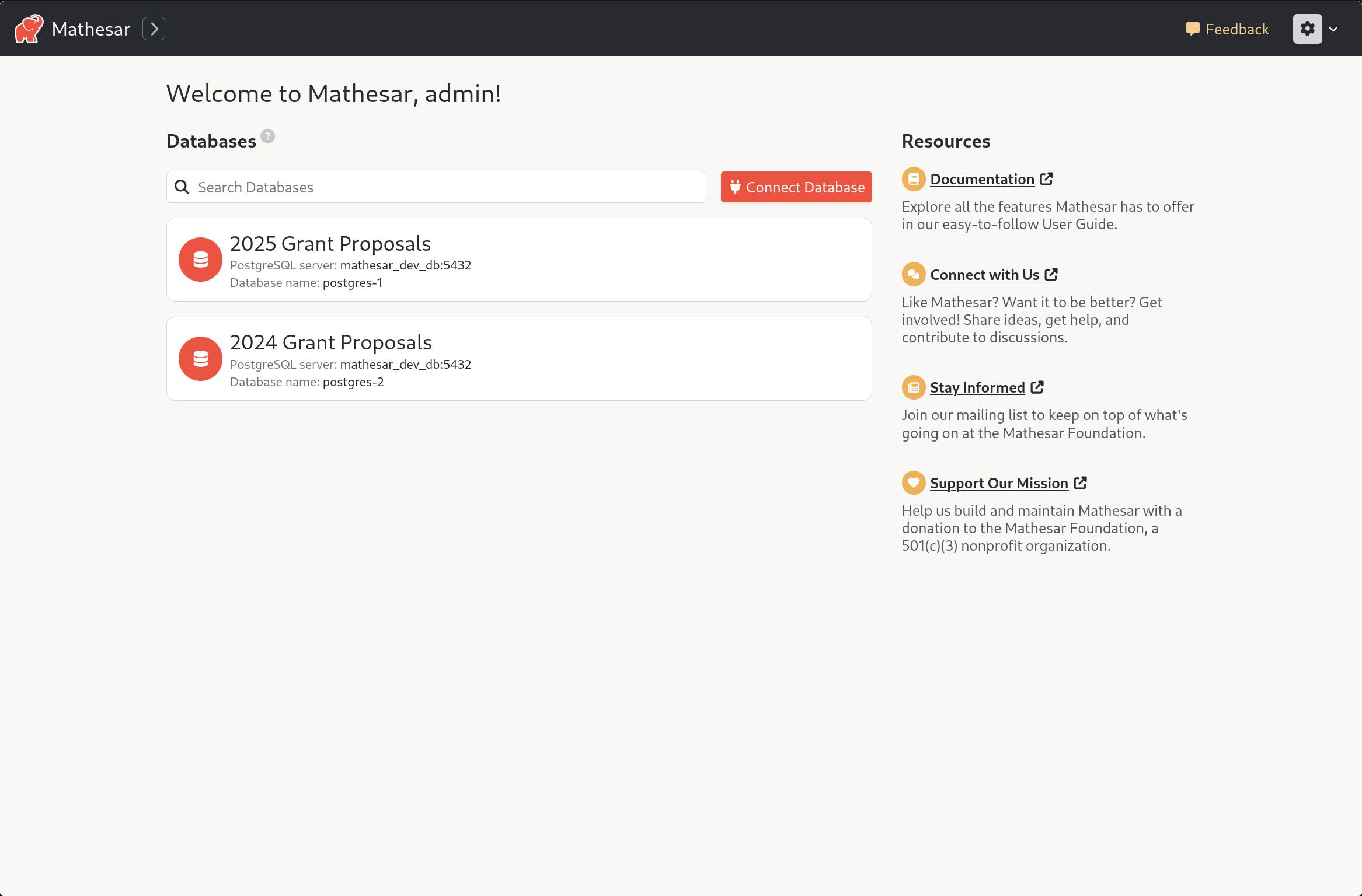 A screenshot of Mathesar's UI showing a list of grant proposal databases with clear nicknames.
