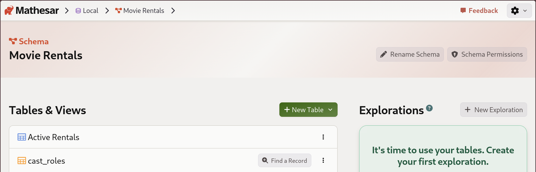 Views appear on the schema page with a distinct icon and tag