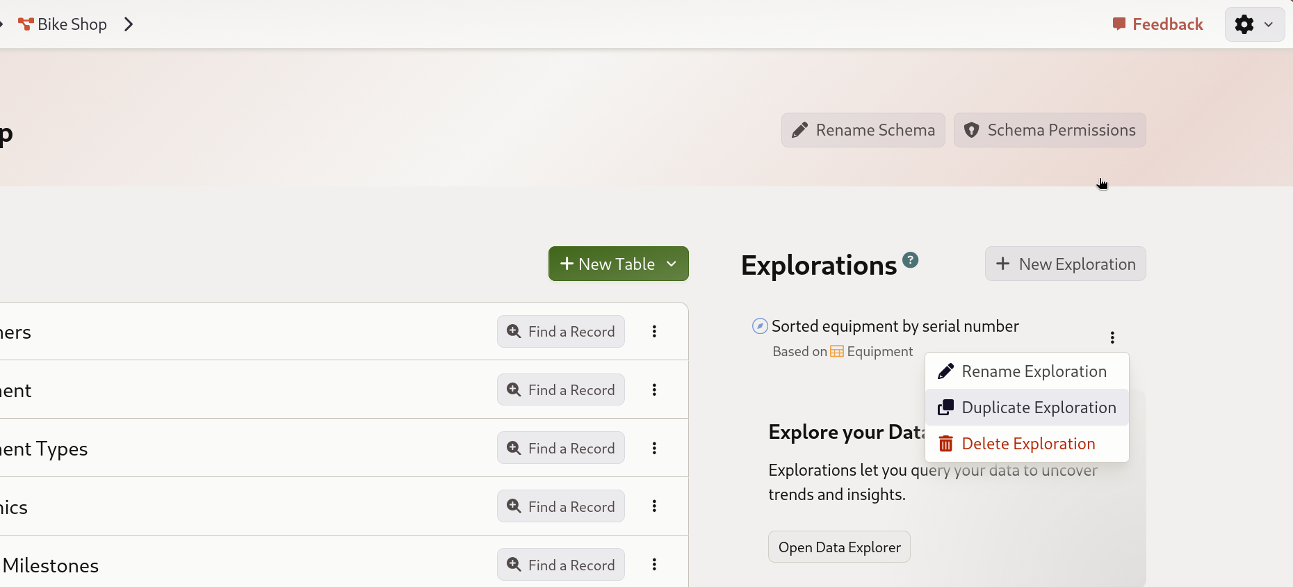 Mathesar UI screenshot of duplicating an exploration